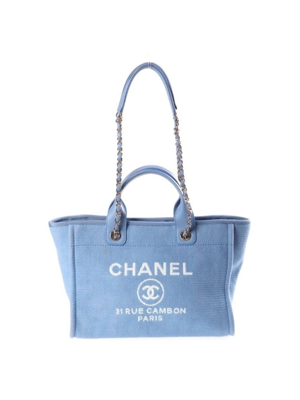 Chanel Deauville Small Shopping Bag Chain Handbag Blue Leather Canvas Plate Gold